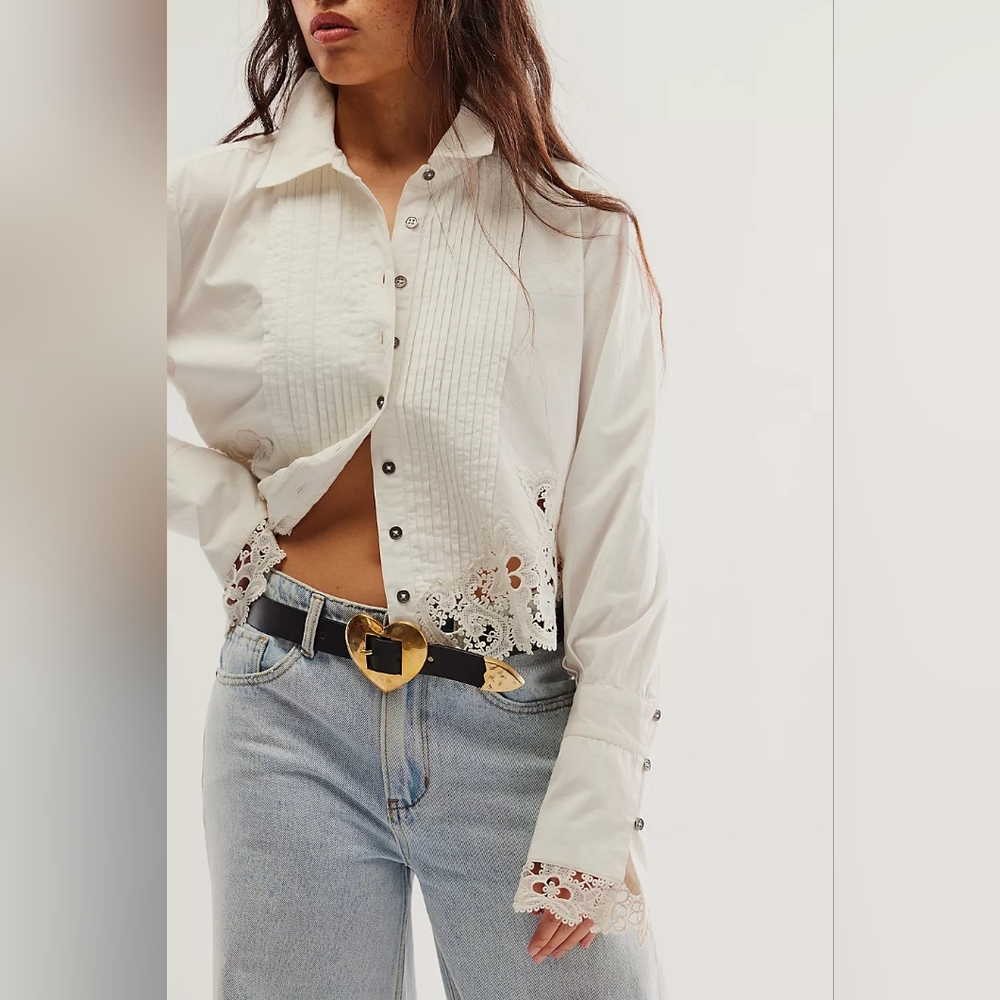 Free People White Lace Trim Button-Up Top
